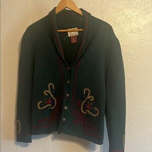 Susan Bristol Vintage Pure Wool Green Cardigan with Hand Embroidered Details M